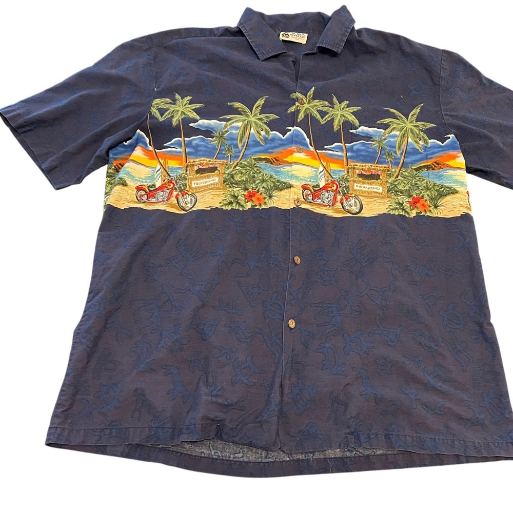 Island Republic Mens Navy Blue Tropical Motorcycle Sunset Aloha Camp Shirt L